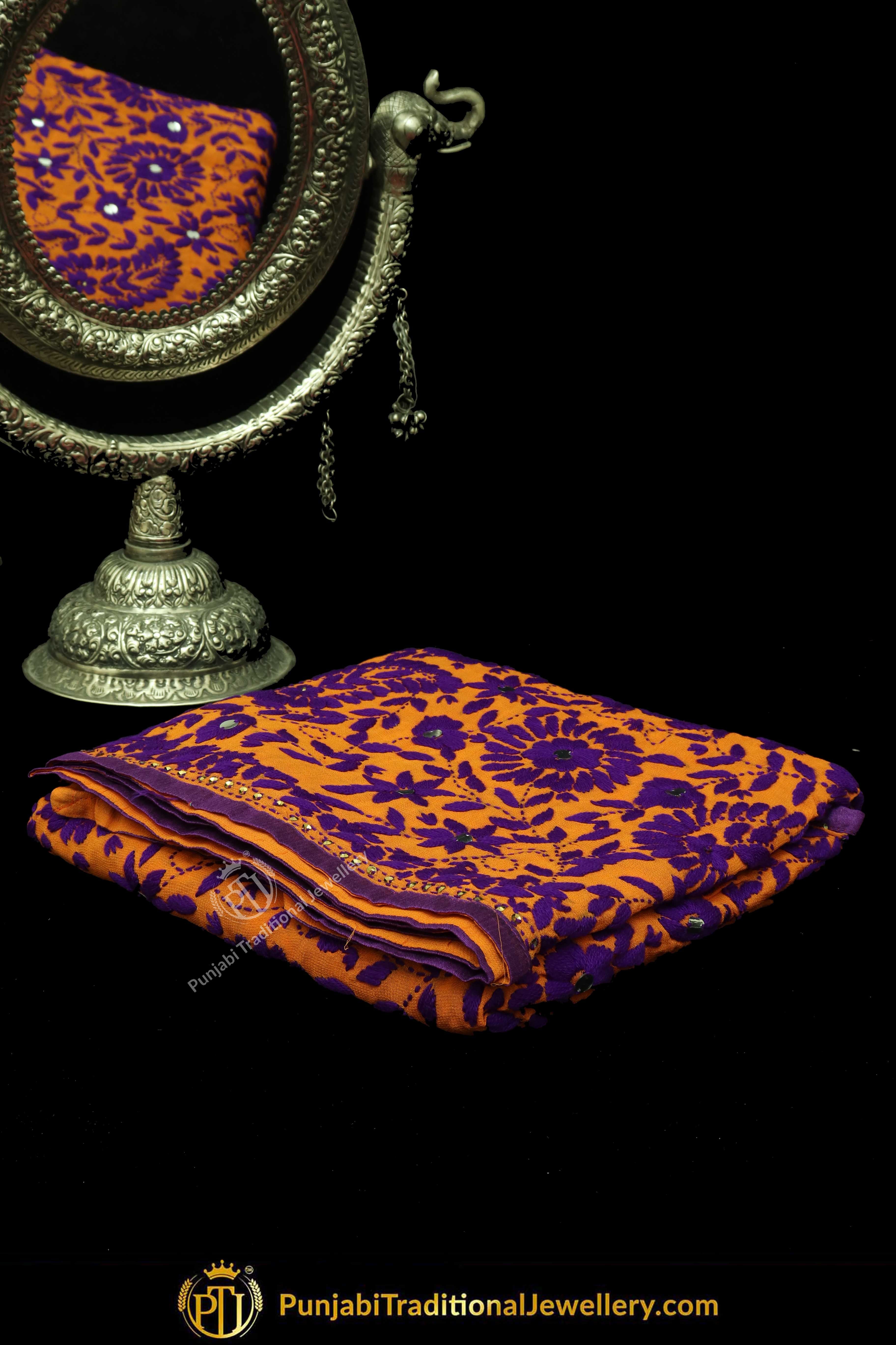 Purple & Brown Color Pure Phulkari Dupatta By Punjabi Traditional Jewellery