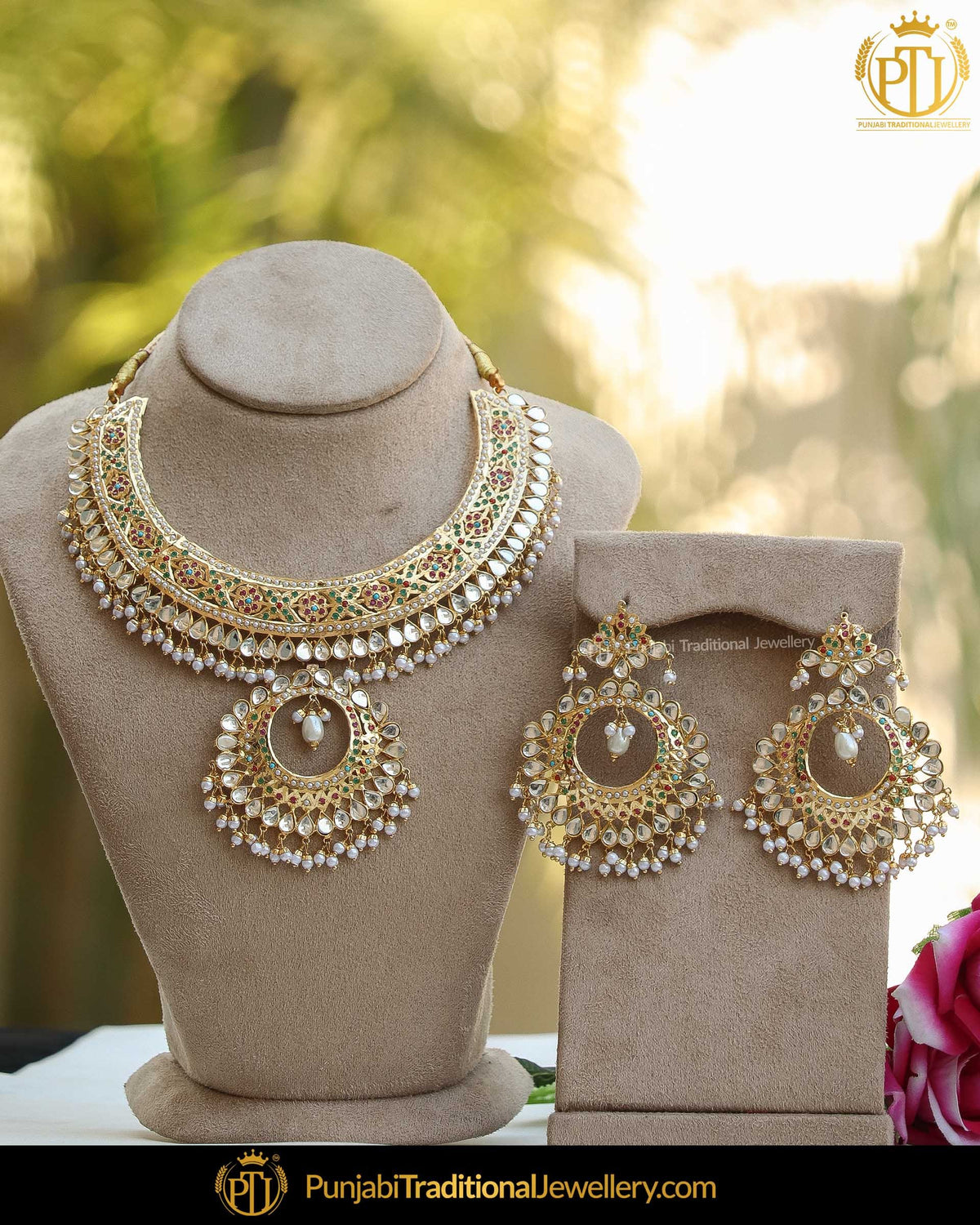 Gold Finished Eamrald Rubby Pearl Kundan Jadau Necklace Set | Punjabi Traditional Jewellery Exclusive