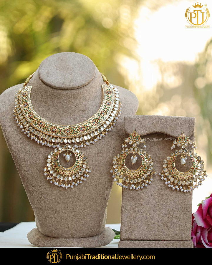 Gold Finished Eamrald Rubby Pearl Kundan Jadau Necklace Set | Punjabi Traditional Jewellery Exclusive