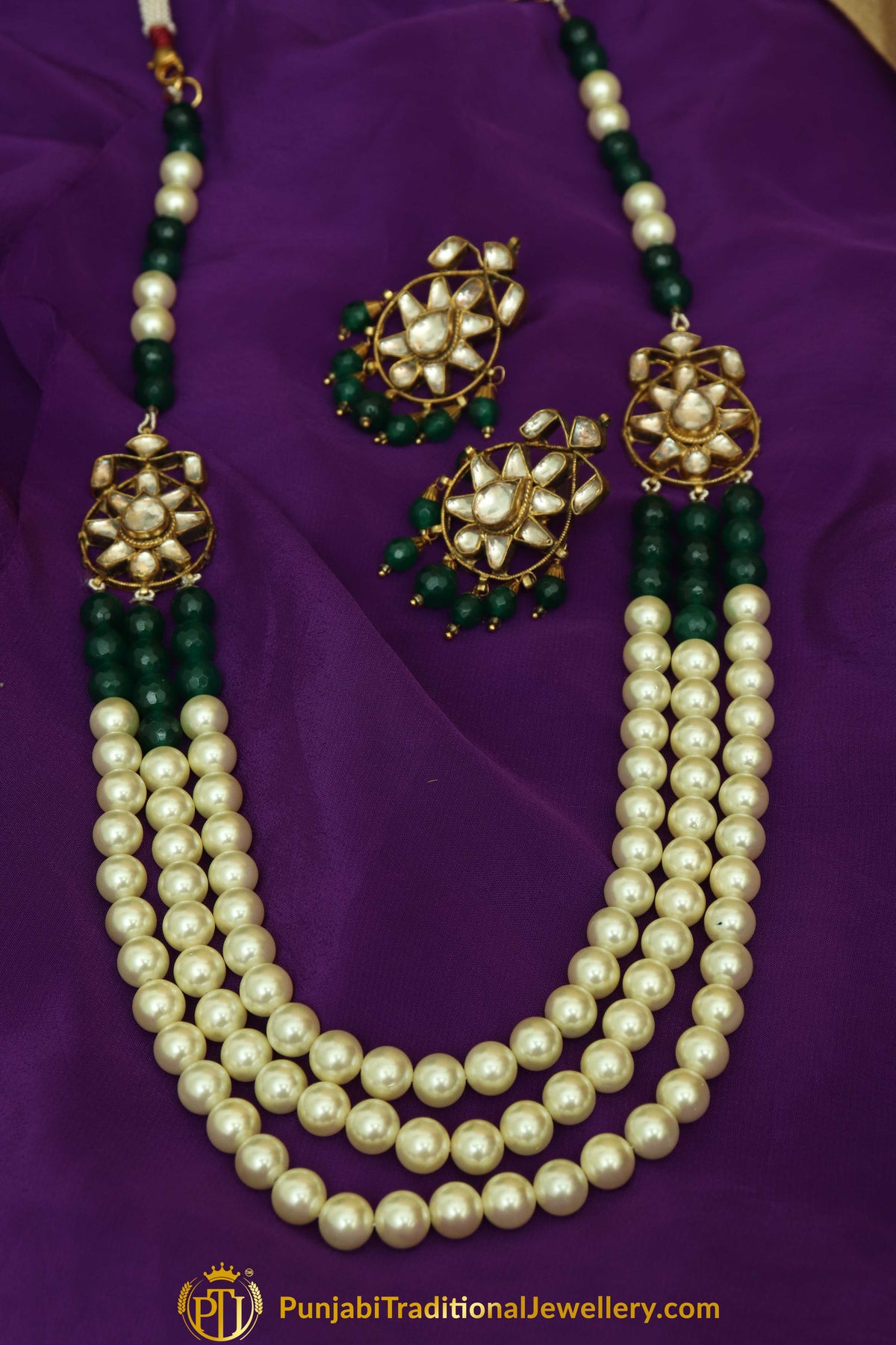 Fadilah Emerald Kundan Pearl Mala Set With Stud Earring Tikka Set | Punjabi Traditional Jewellery Exclusive
