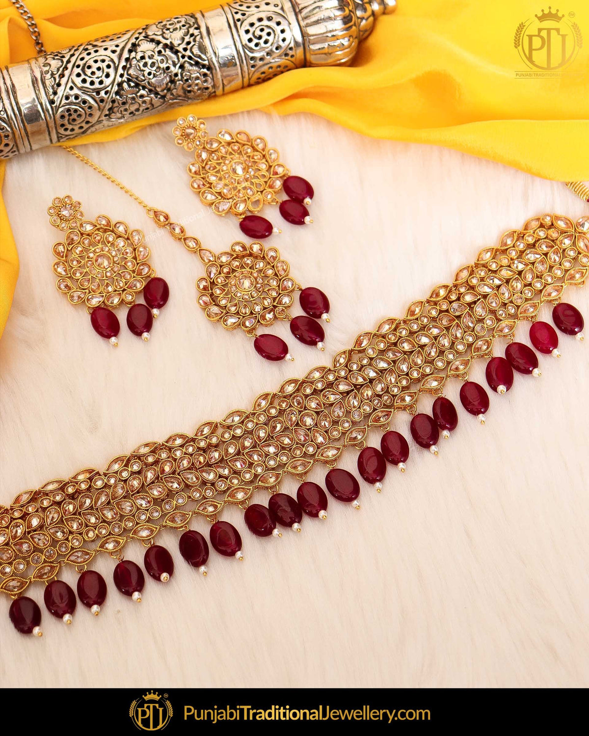 Gold Finished Rubby Champagne Stone Pearl Choker Necklace Set  | Punjabi Traditional Jewellery Exclusive