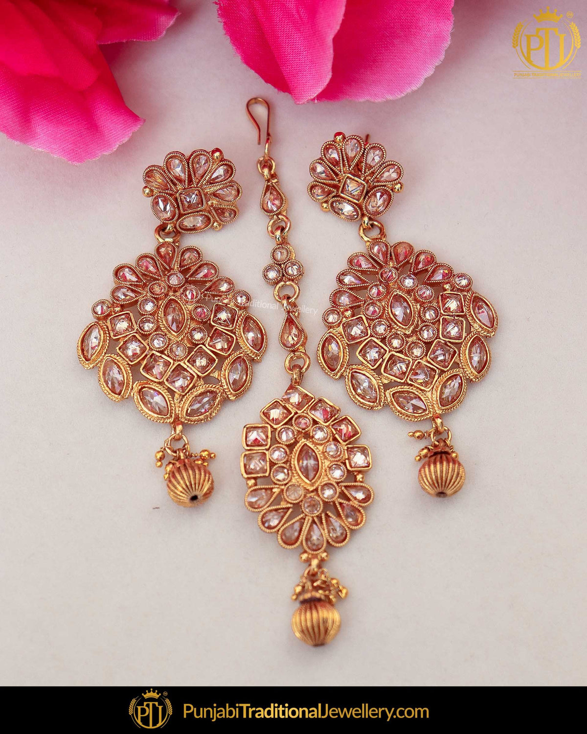 Gold Finished Chamapgne Stone Pearl Earring Tikka Set | Punjabi Traditional Jewellery Exclusive