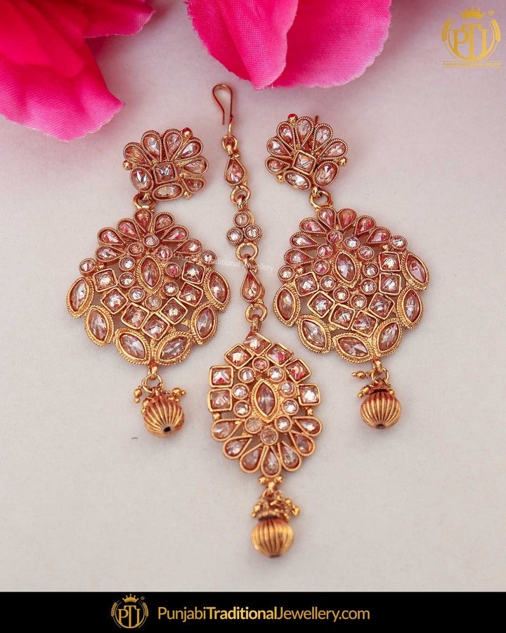 Gold Finished Chamapgne Stone Pearl Earring Tikka Set | Punjabi Traditional Jewellery Exclusive