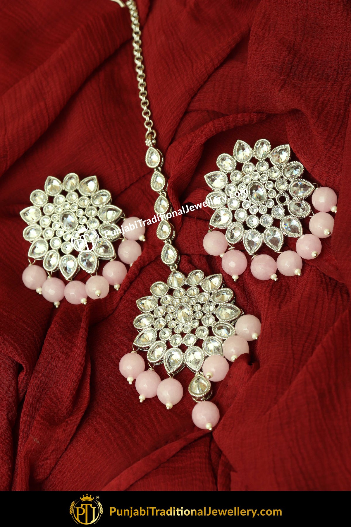 Khudrah Silver Finished Pink Stud Earring Tikka Set | Punjabi Traditional Jewellery Exclusive