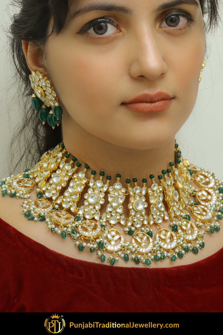 Chandon Emerald Kundan Choker & Earrings | Punjabi Traditional Jewellery Exclusive