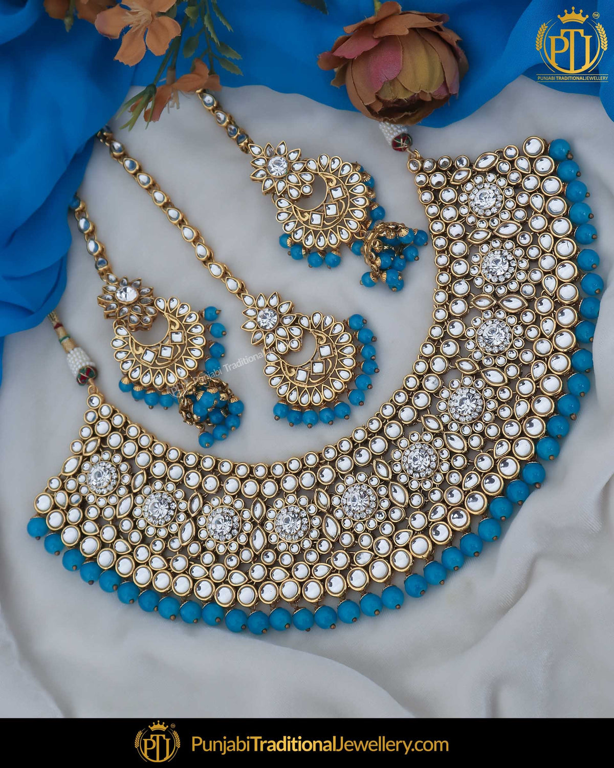 Gold Finished Kundan Firozi Pearl Necklace Set | Punjabi Traditional Jewellery Exclusive