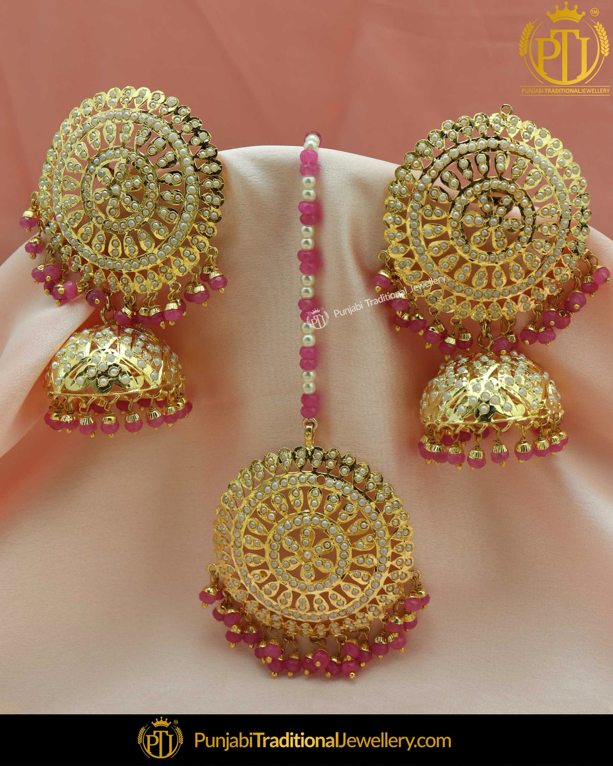 Gold Finished Jadau Pink Stud Jhumki Earring Tikka Set | Punjabi Traditional Jewellery Exclusive