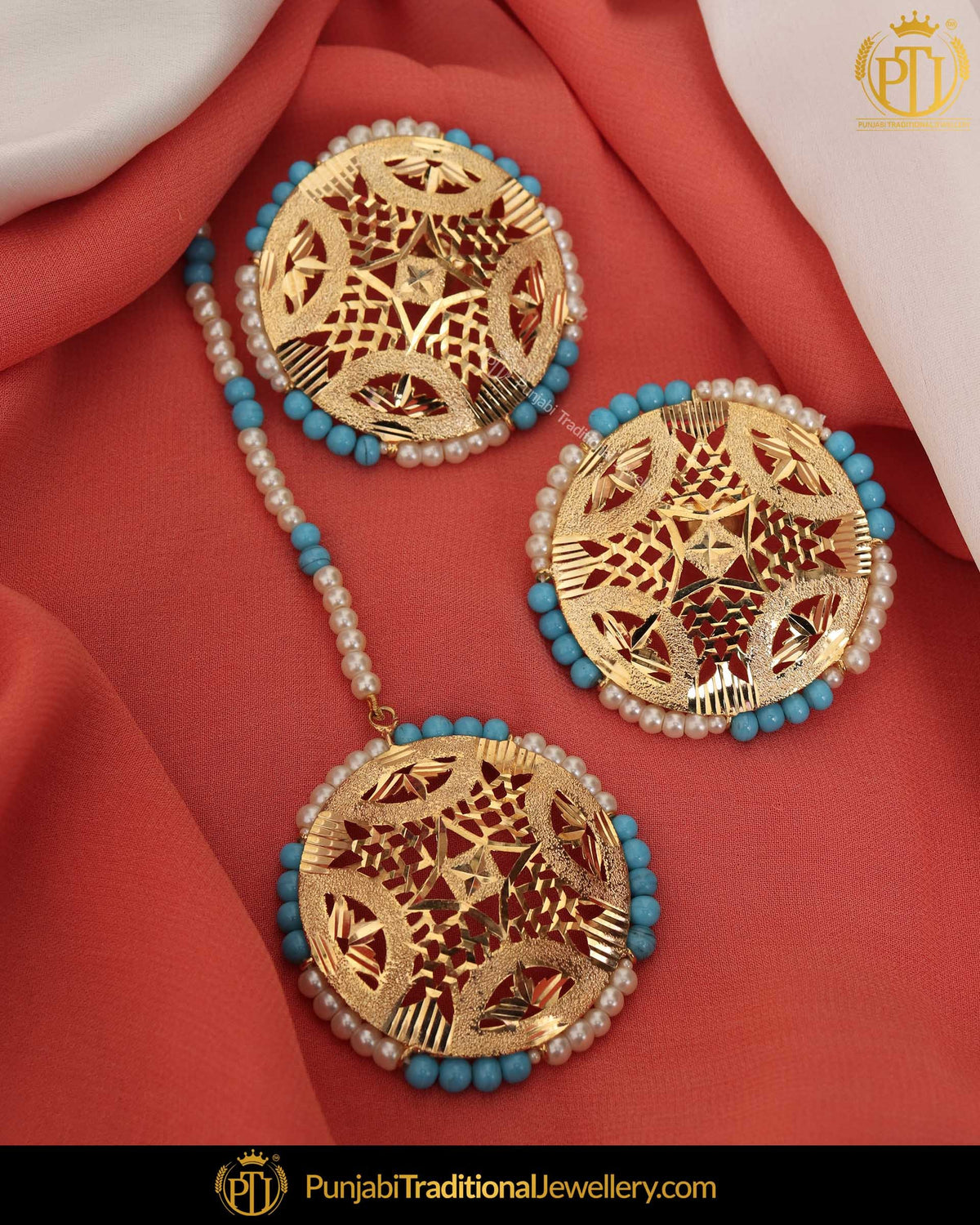 Gold Finished Firozi Jadau Stud Pearl Earring Tikka Set | Punjabi Traditional Jewellery Exclusive