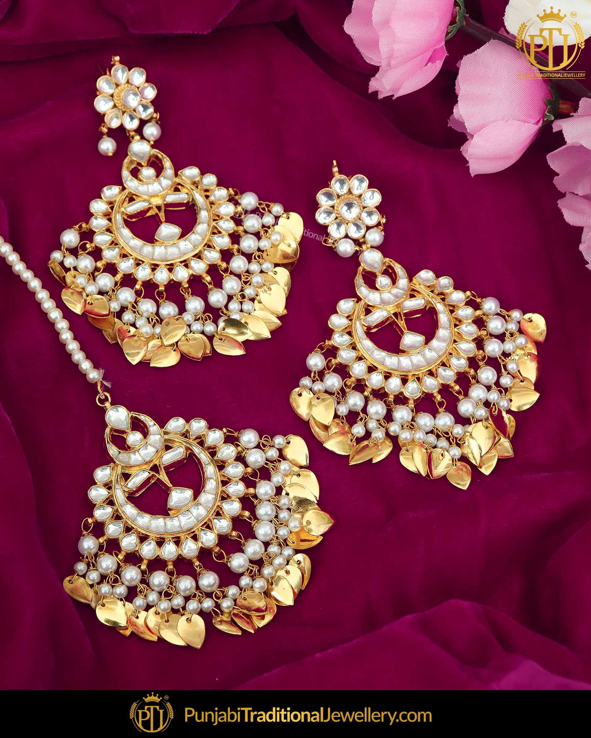 Gold Finished Pippal Patti Pearl Kundan Earring Tikka Set | Punjabi Traditional Jewellery Exclusive