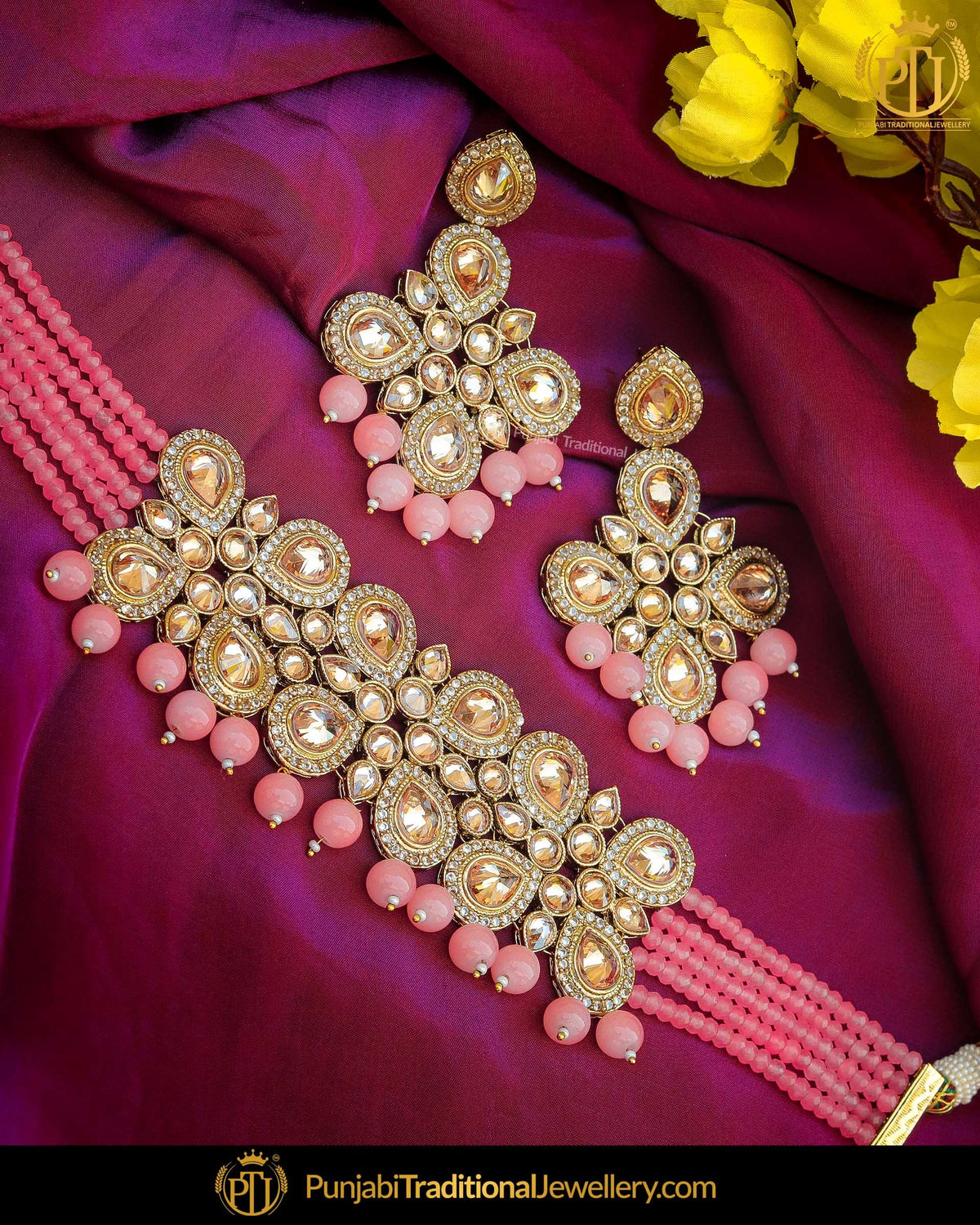 Gold Finished Pink Reverse American Diamond Stone Choker Necklace Set | Punjabi Traditional Jewellery Exclusive