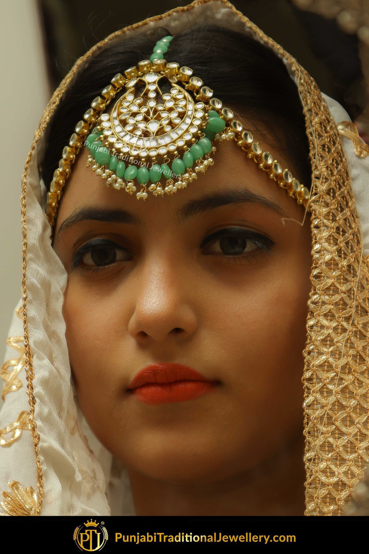 Gold Finished Kundan Emerald Matha Patti | Punjabi Traditional Jewellery Exclusive