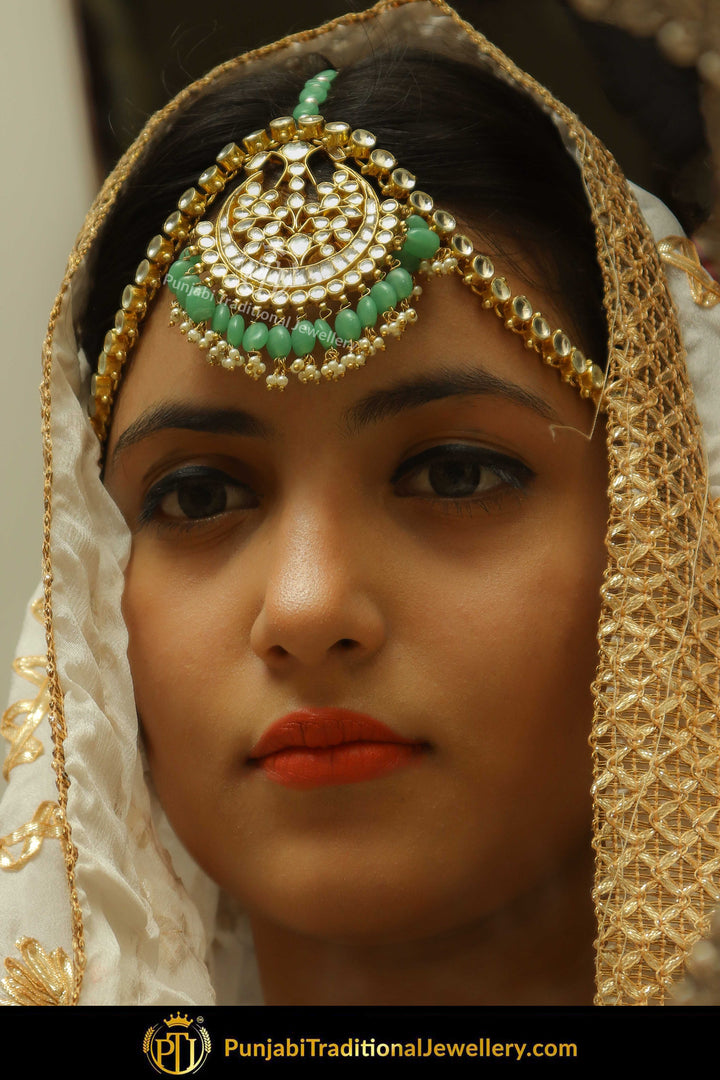 Gold Finished Kundan Emerald Matha Patti | Punjabi Traditional Jewellery Exclusive