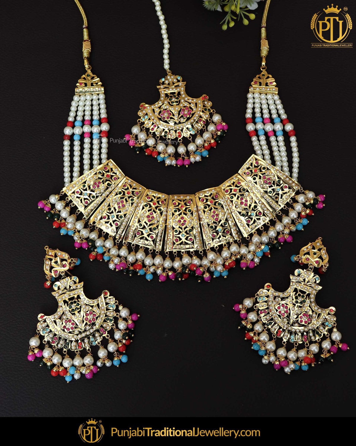 Gold Finished Navratan Jadau Pearl Necklace Set  | Punjabi Traditional Jewellery Exclusive