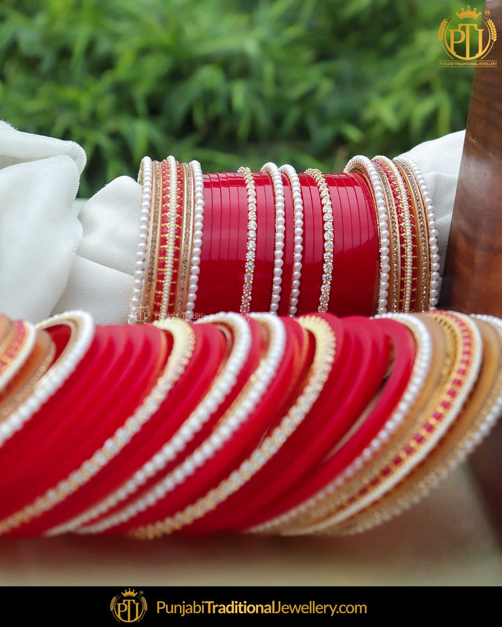 Antique Gold Finished AD Stone Karra Bangle Red Bridal Chura | Punjabi Traditional Jewellery Exclusive