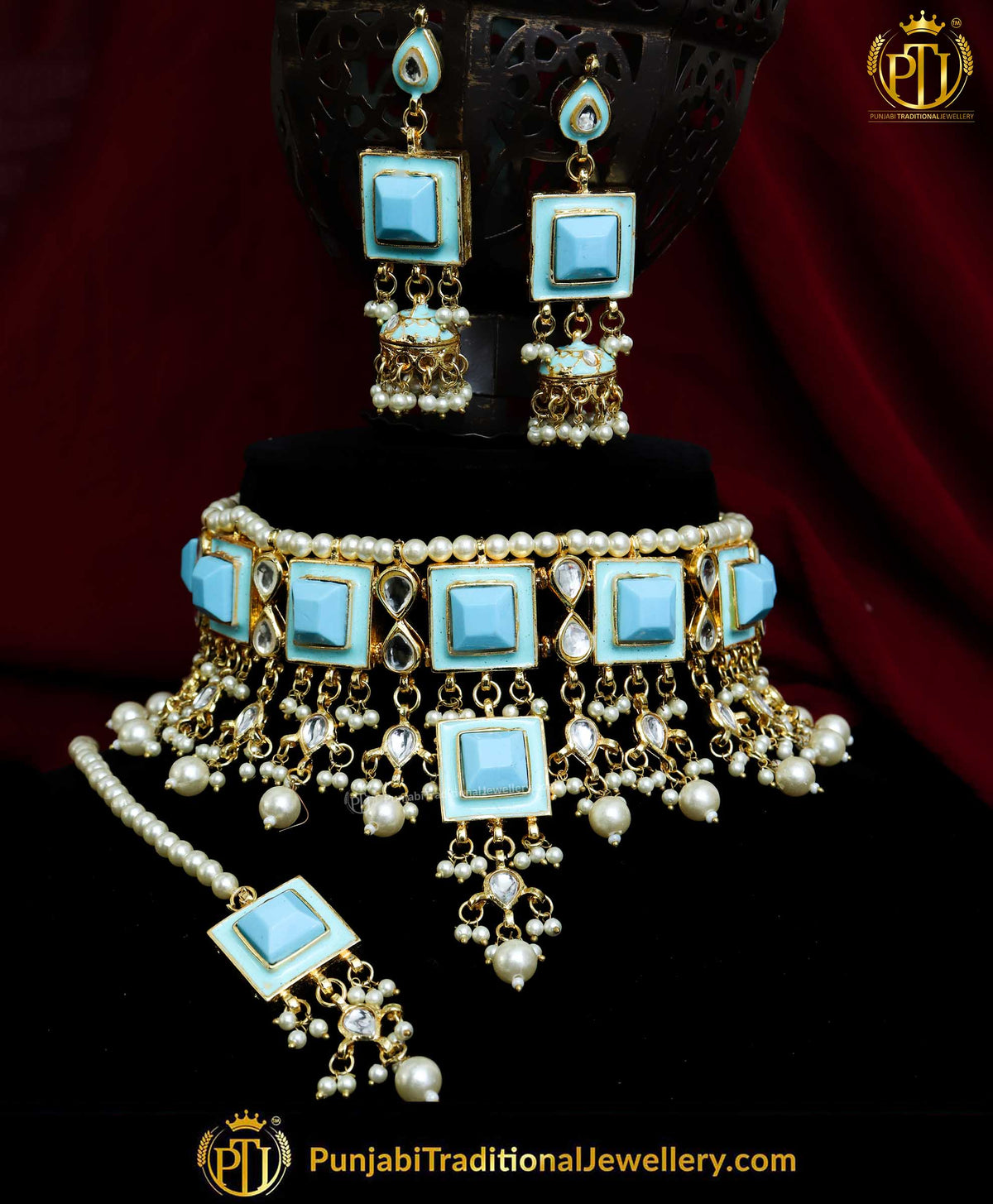 Firozi Hand-Painted Meena Kundan Pearl Choker Set | Punjabi Traditional Jewellery Exclusive