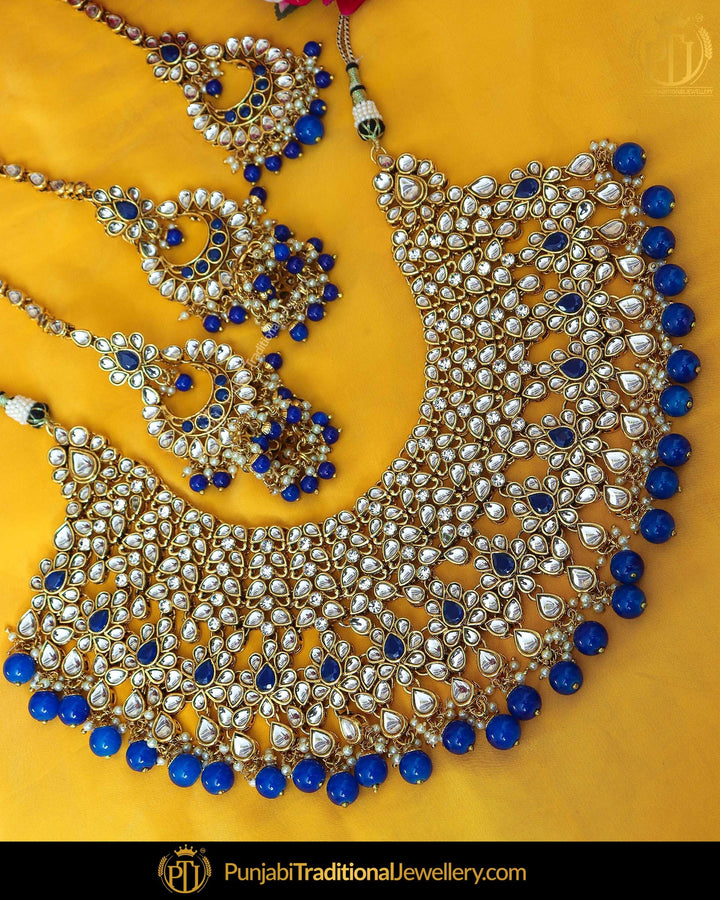 Gold Finished Blue Kundan Pearl Choker Necklace & Sahare Earrings | Punjabi Traditional Jewellery Exclusive