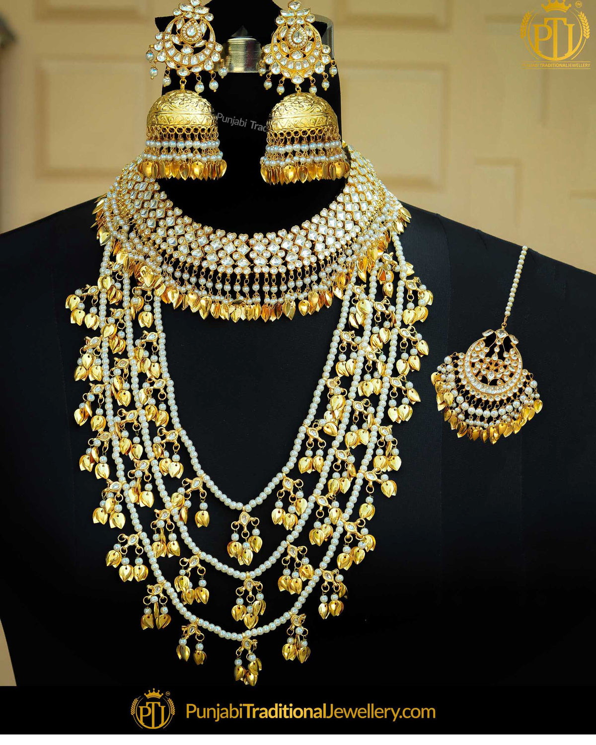 Gold Finished Kundan Pippal Patti Pearl Bridal Necklace Set | Punjabi Traditional Jewellery Exclusive