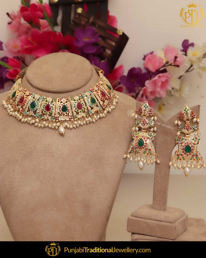 Gold Finished Jadau Pearl Red Green Choker Necklace Set | Punjabi Traditional Jewellery Exclusive
