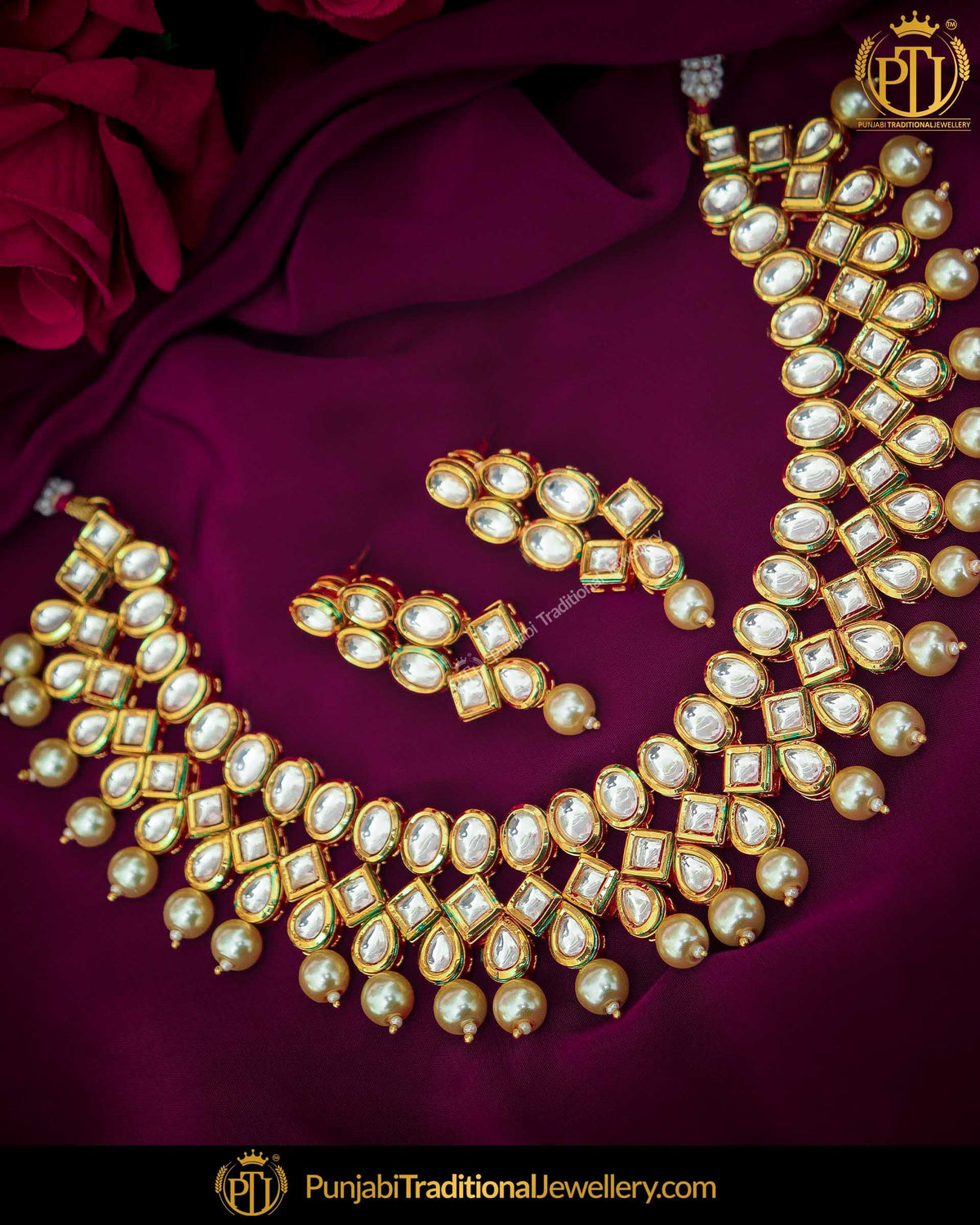 Gold Finished Kundan Pearl Necklace Set | Punjabi Traditional Jewellery Exclusive