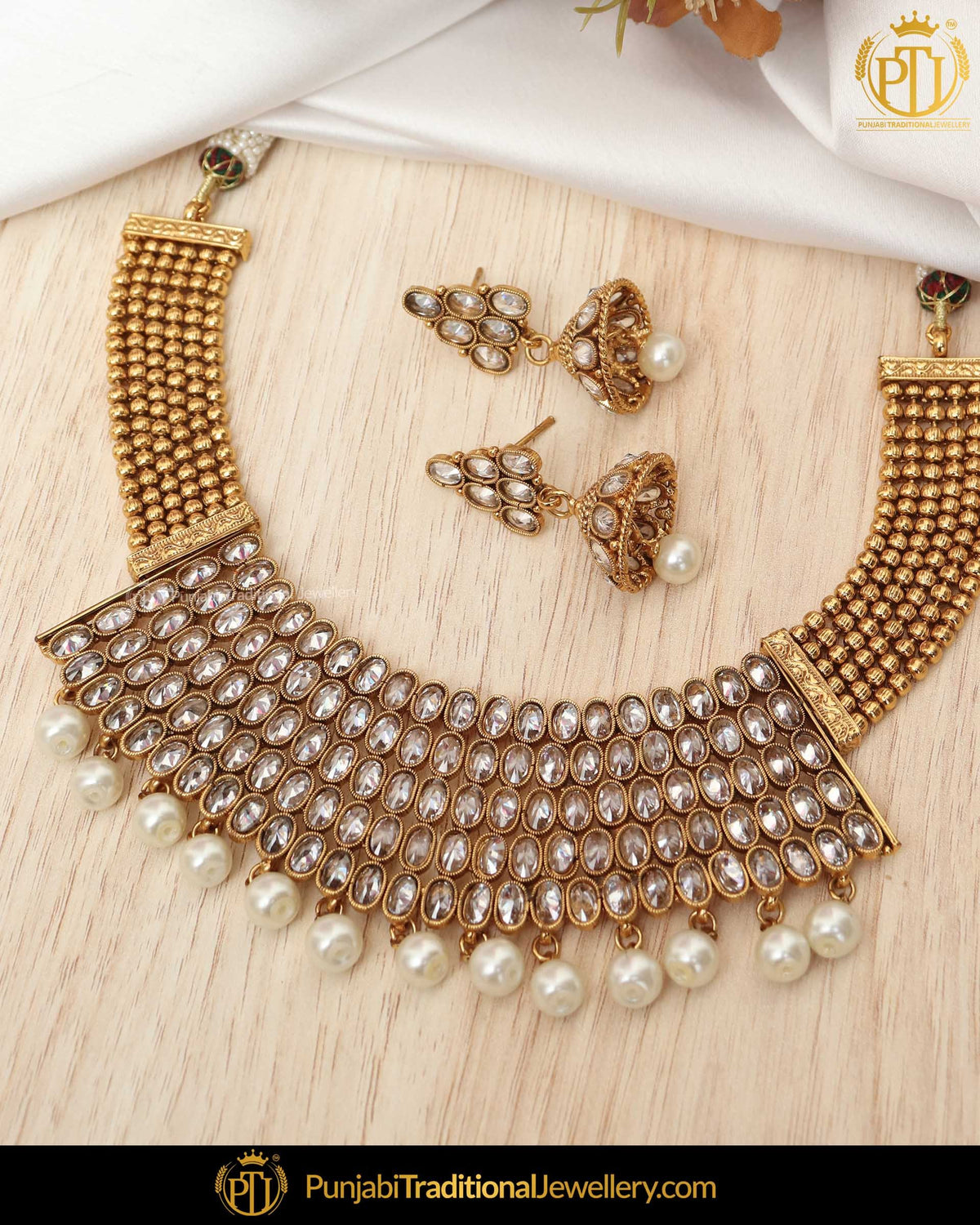 Antique Gold Finished Polki Stone  Pearl Necklace Set  | Punjabi Traditional Jewellery Exclusive