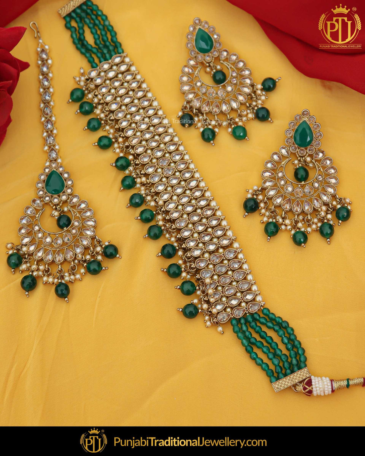 Gold Finished Champagne Stone Green Pearl Choker Necklace Set | Punjabi Traditional Jewellery Exclusive