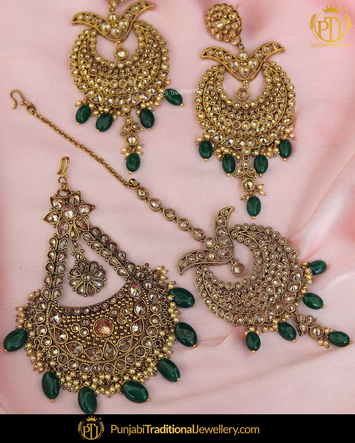 Gold Finished Champange Stone Emerald Earring Tikka Set With Passa| Punjabi Traditional Jewellery Exclusive