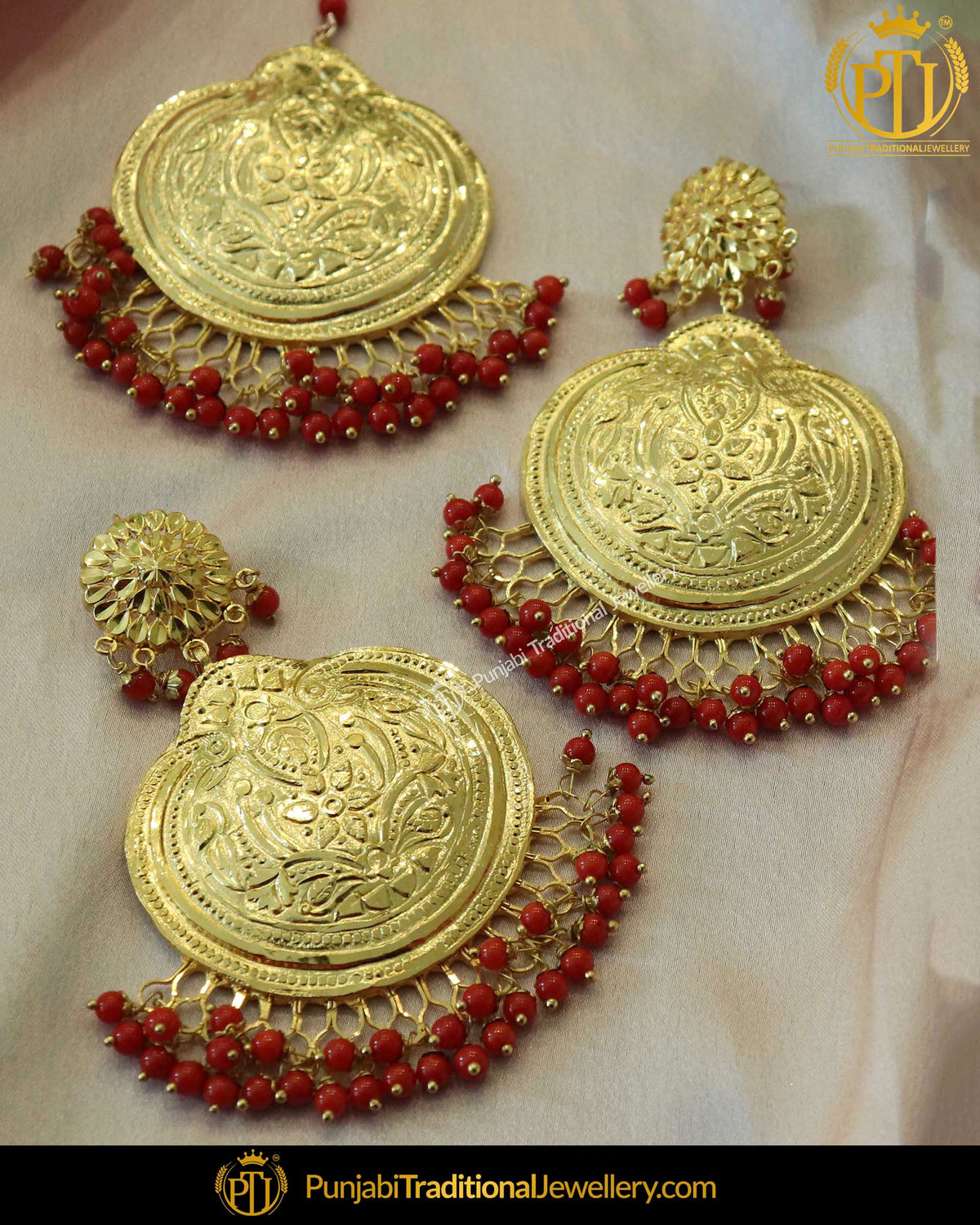 Red Patra Earring Tikka Set | Punjabi Traditional Jewellery Exclusive