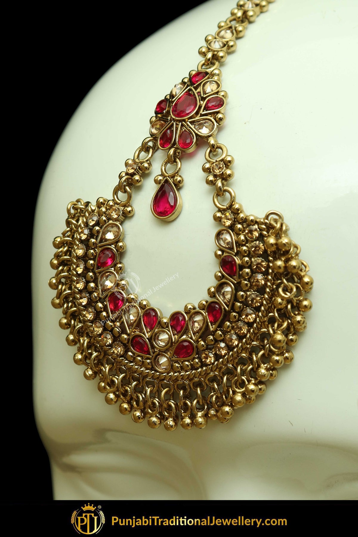 Antique Gold Finised Champagne Stone Pink Earring Tikka Set By Punjabi Traditional Jewellery