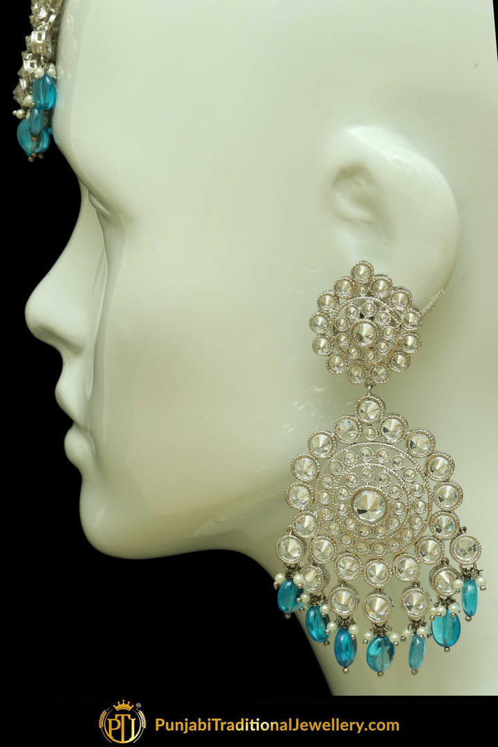 Silver Finished Polki Stone Lite Sky Drops Earrings & Tikka Set By Punjabi Traditional Jewellery