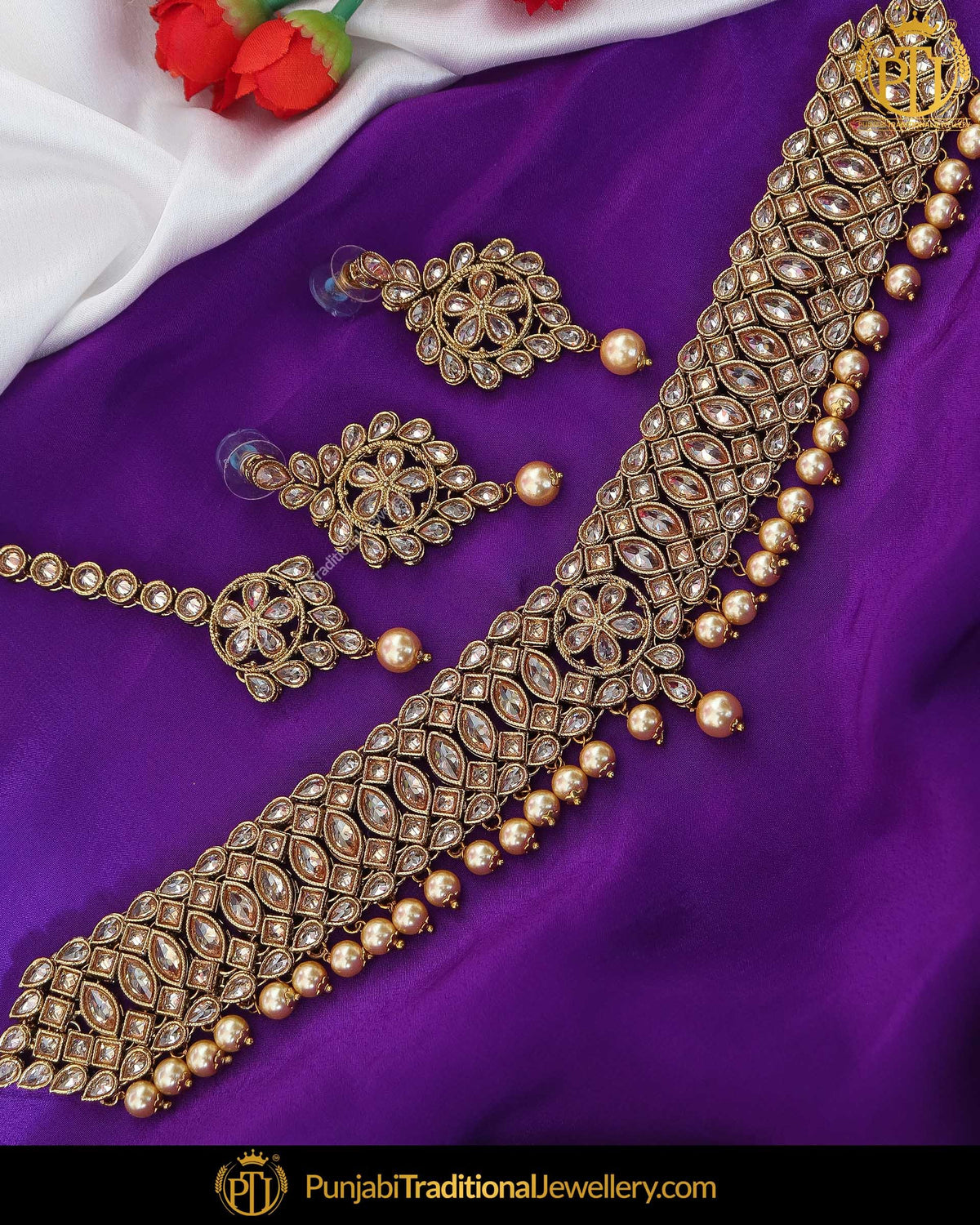 Gold Finished Chamapgne Stone Pearl Choker Necklace Set | Punjabi Traditional Jewellery Exclusive