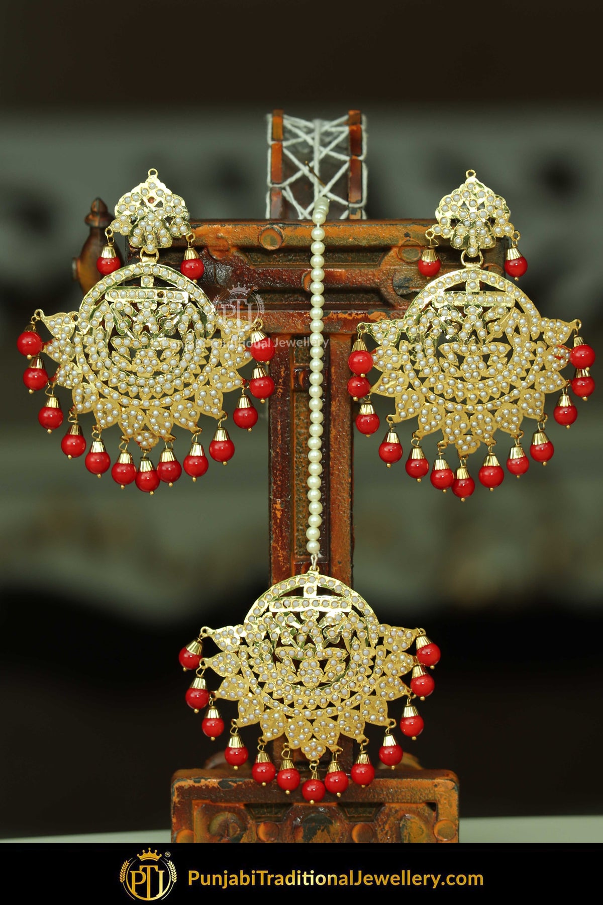 Gold Finished Red Jadau Pearl Earring Tikka Set | Punjabi Traditional Jewellery Exclusive