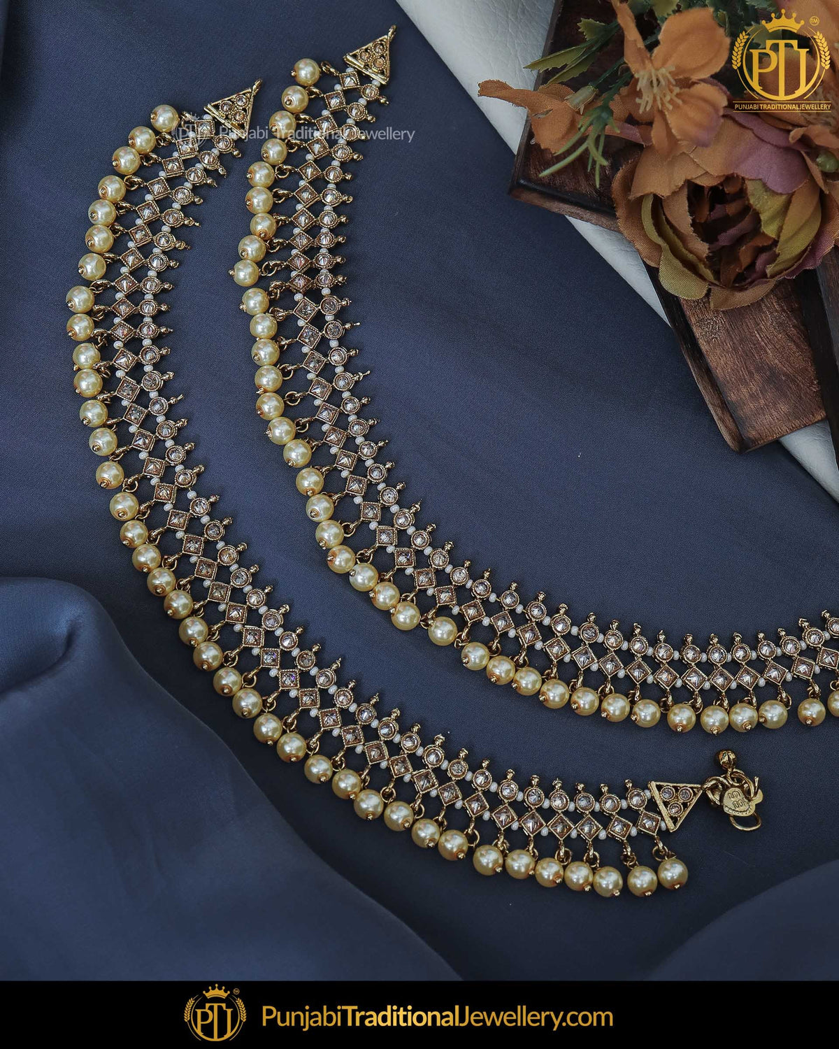 Gold Finished Champagne Stone Pearl Payal | Punjabi Traditional Jewellery Exclusive