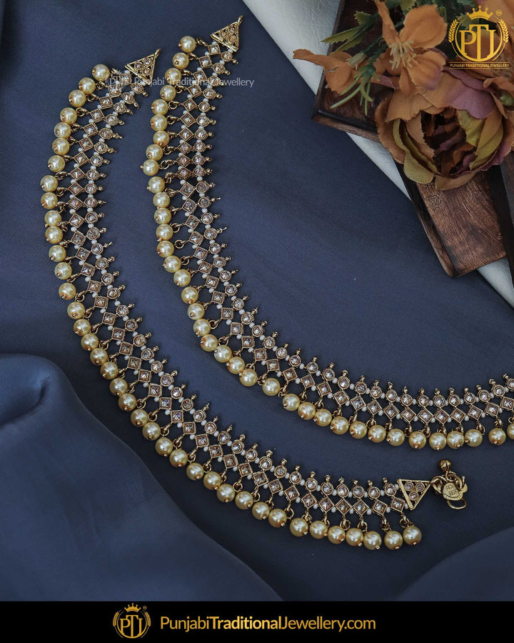 Gold Finished Champagne Stone Pearl Payal | Punjabi Traditional Jewellery Exclusive