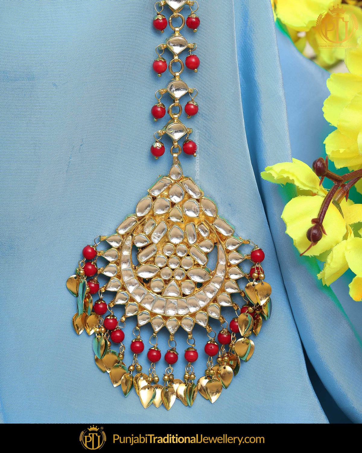 Gold Finished Pippal Patti Rubby Kundan Pearl Tikka | Punjabi Traditional Jewellery Exclusive