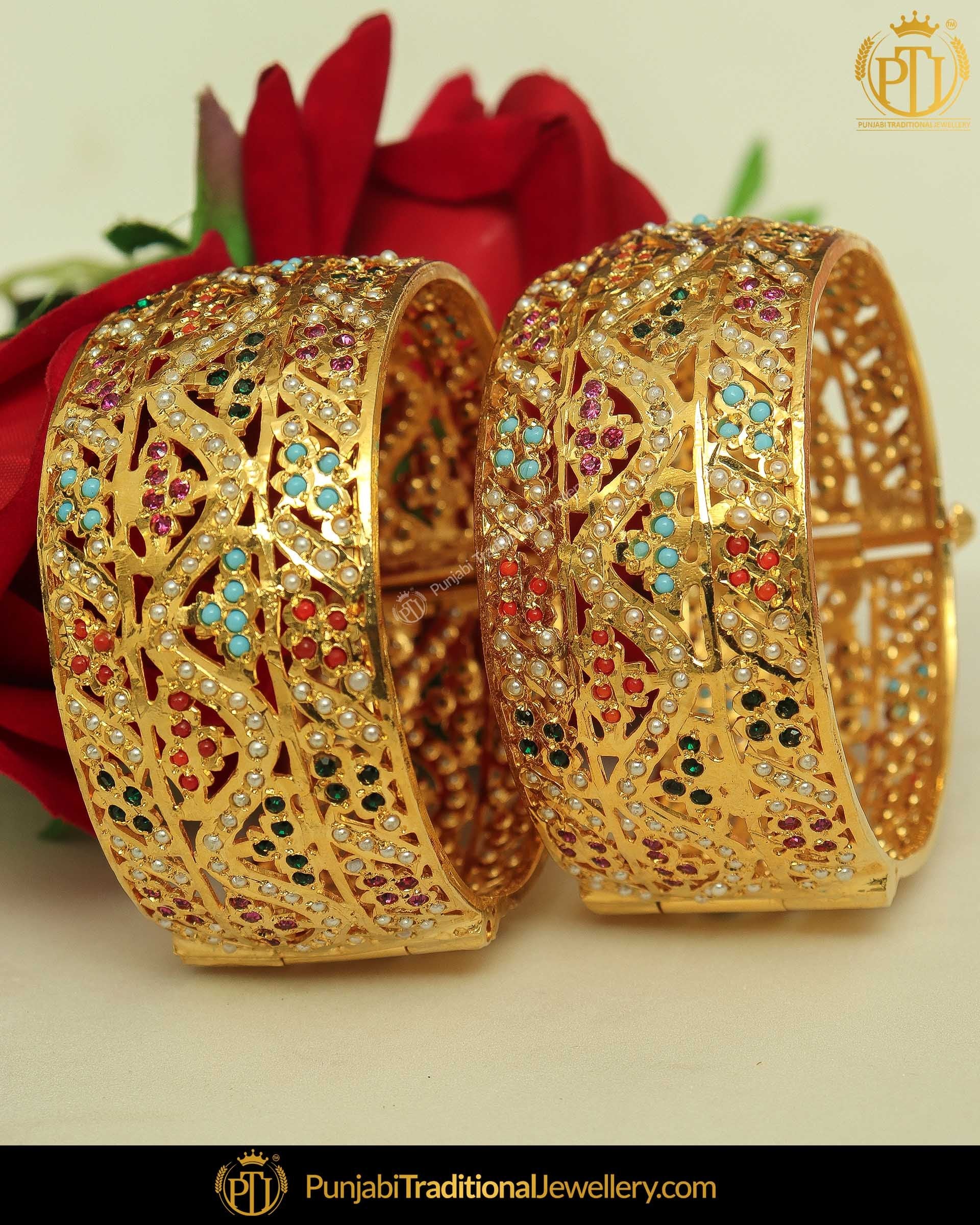 Gold Finished Navratan Jadau Karra Bangles (Pair)| Punjabi Traditional Jewellery Exclusive