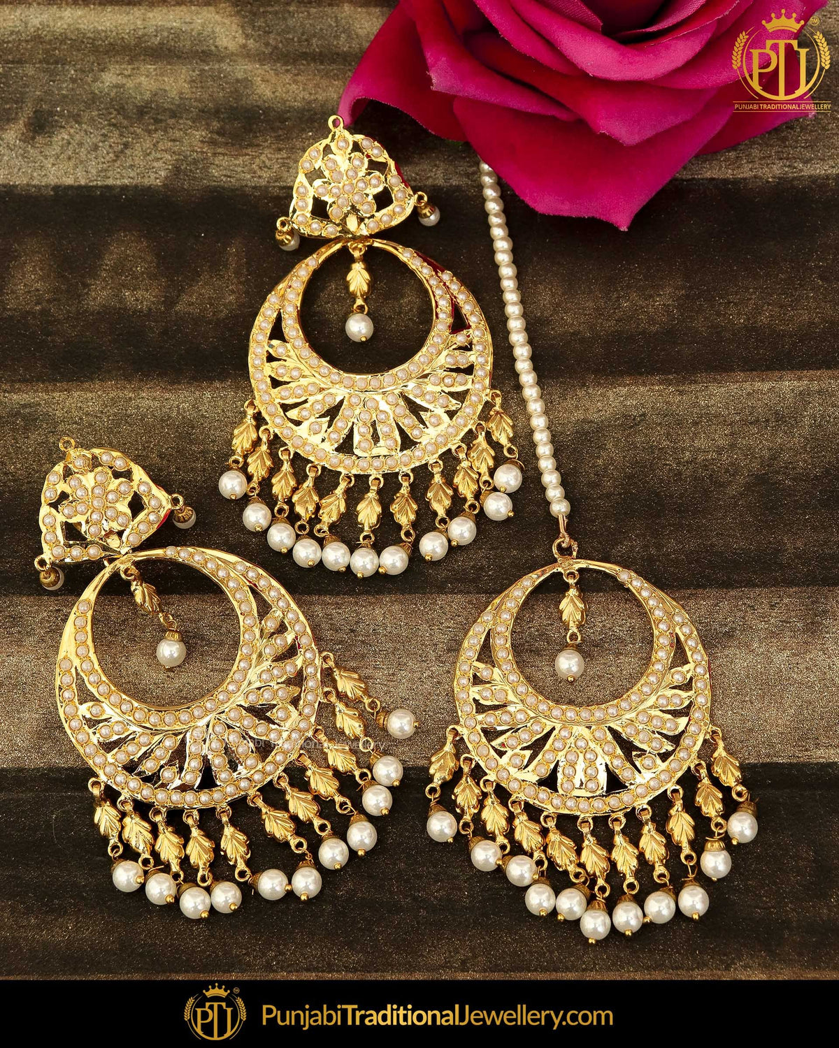 Gold Finished Pearl Jadau Earring Tikka Set | Punjabi Traditional Jewellery Exclusive