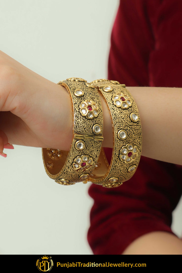 Farhat Antique Gold Finished Kundan Rubby Openable Karra Bangles (Pair) | Punjabi Traditional Jewellery Exclusive