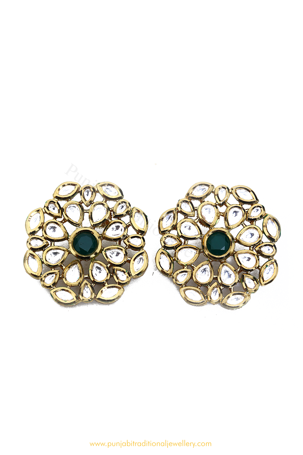 Gold Finished Emerald Kundan Studs By PTJ