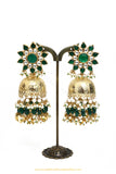 Gold Finished Kundan Emerald Jhumki Earrings by PTJ