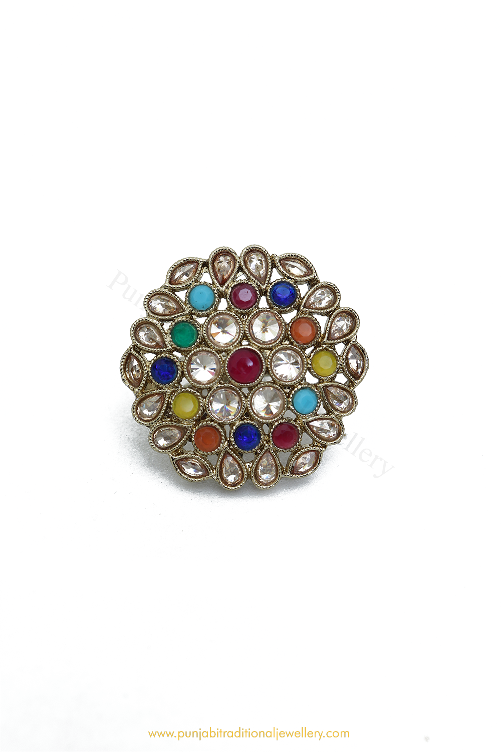 Gold Finished Navratan Kundan Ring By PTJ