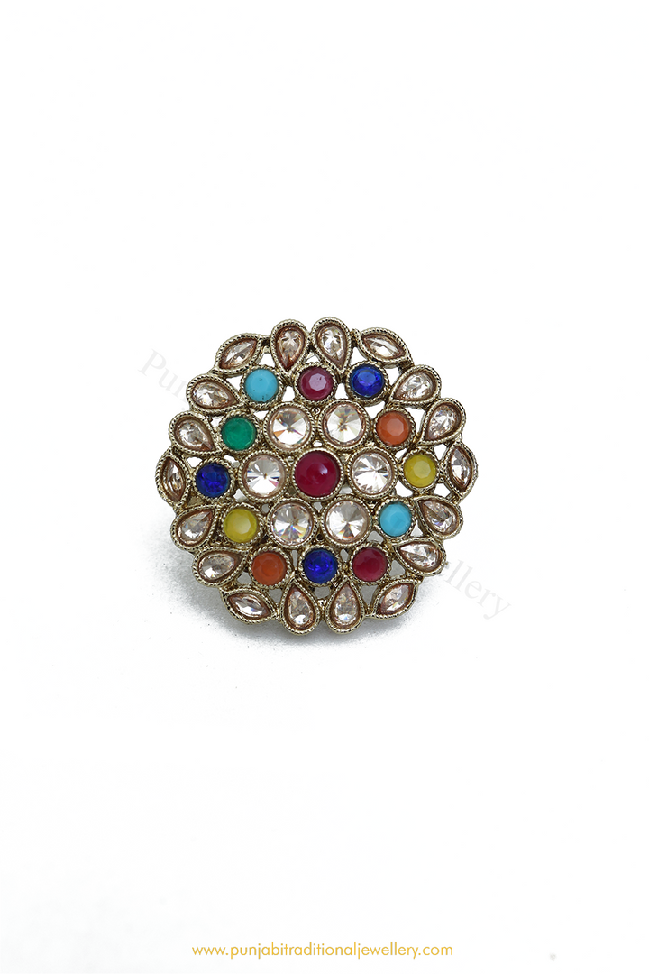 Antique Gold Finished Multi Champagne Stone Ring By PTJ
