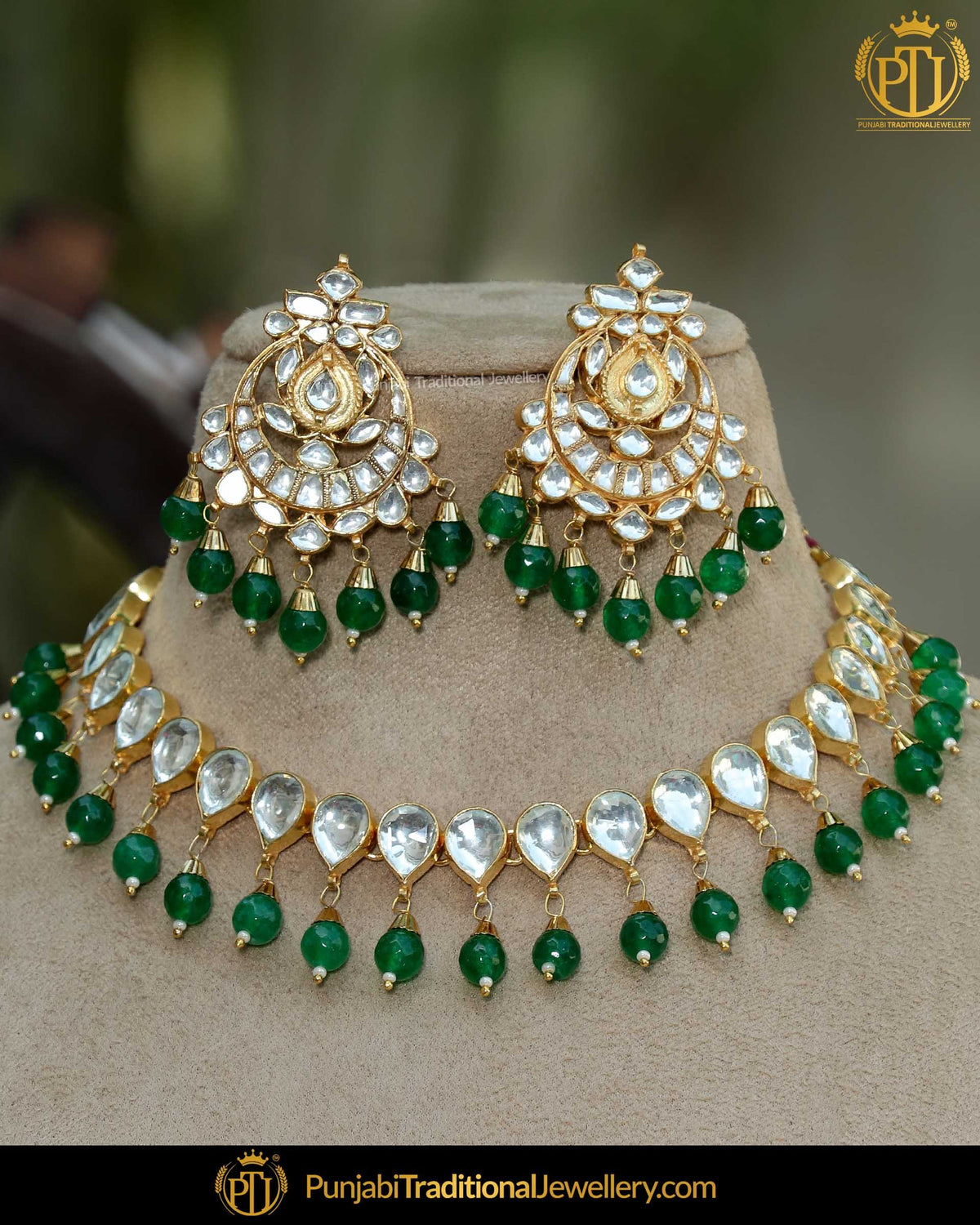 Gold Finished Emerald Pearl Kundan Necklace Set | Punjabi Traditional Jewellery Exclusive