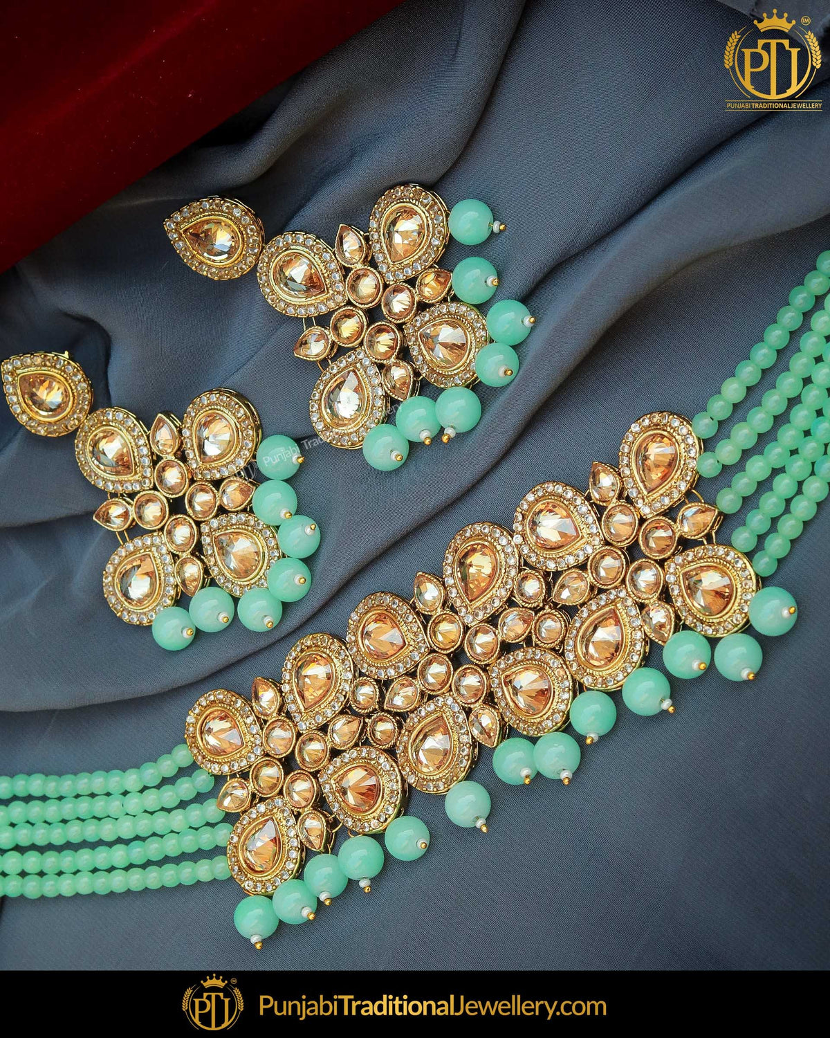 Gold Finished Firozi Reverse American Diamond Stone Choker Necklace Set | Punjabi Traditional Jewellery Exclusive