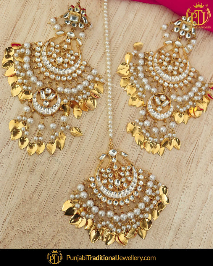 Gold Finished Pippal Patti Pearl Kundan Earring Tikka Set | Punjabi Traditional Jewellery Exclusive