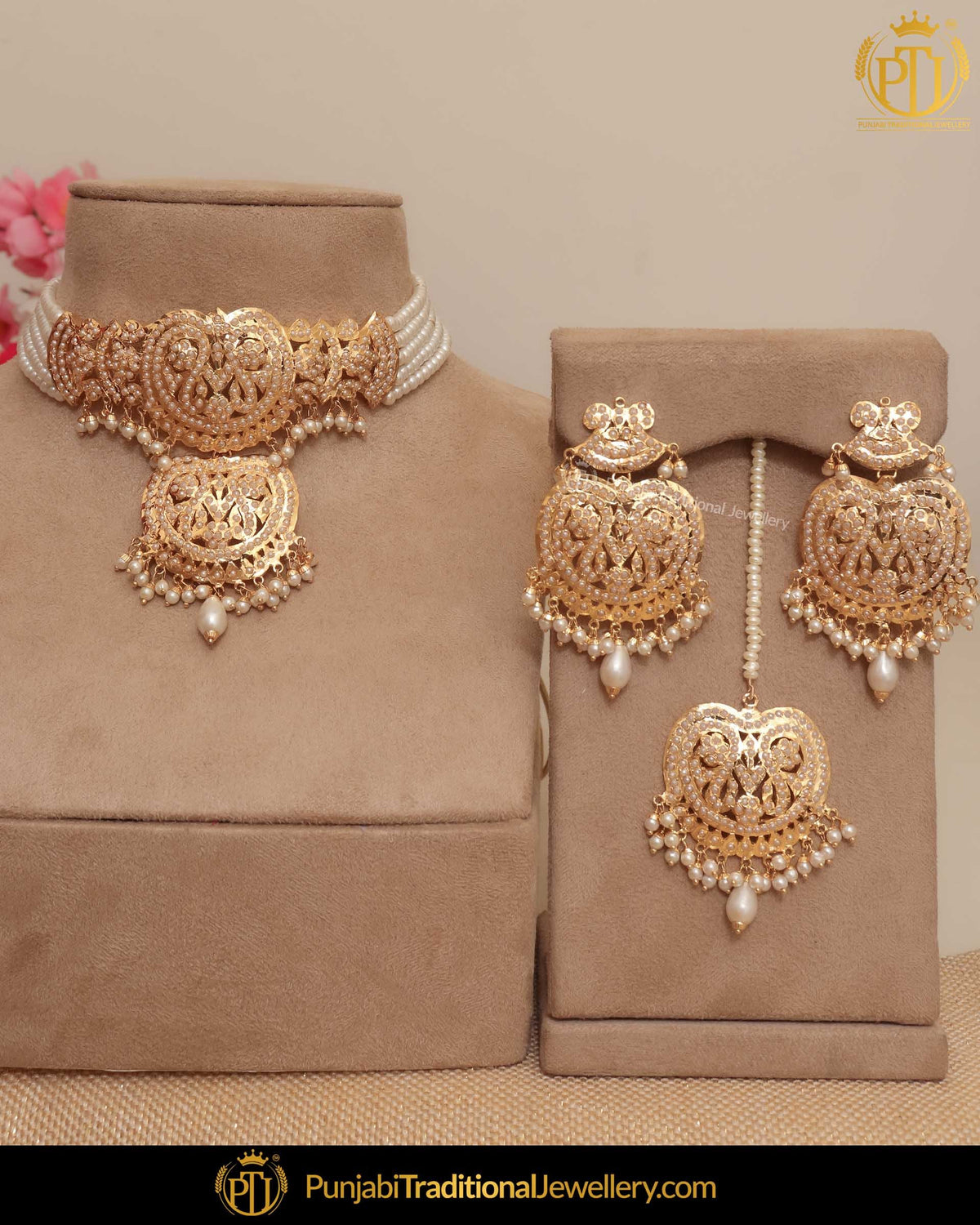 Gold Finished Jadau Pearl Choker Necklace Set | Punjabi Traditional Jewellery Exclusive
