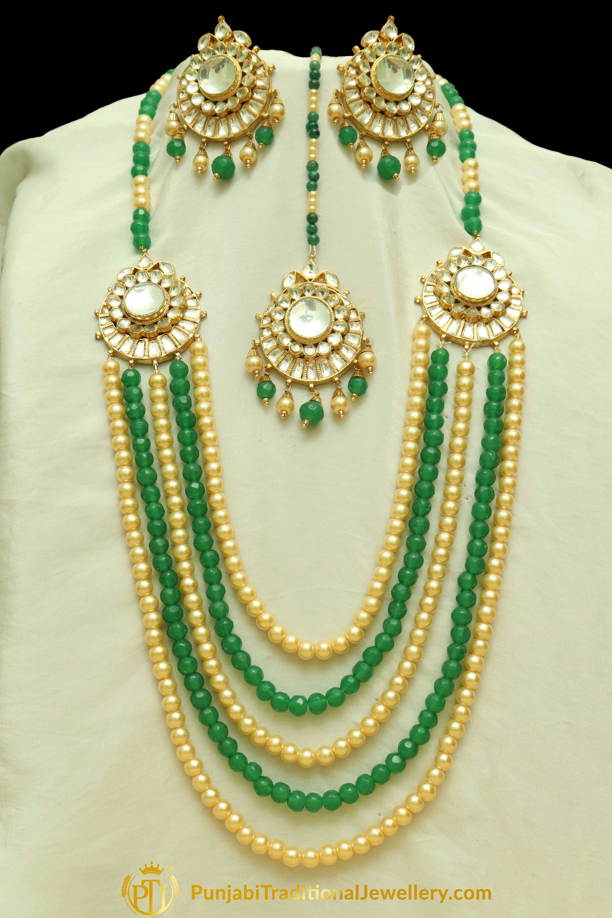 Fadilah Emerald Kundan Pearl Mala Set With Stud Earring Tikka Set | Punjabi Traditional Jewellery Exclusive