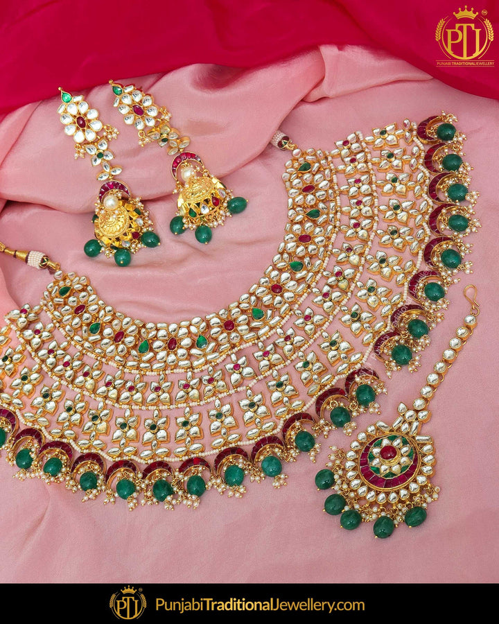 Gold Finished Kundan Rubby & Emerald Pearl Bridal Necklace Set | Punjabi Traditional Jewellery Exclusive