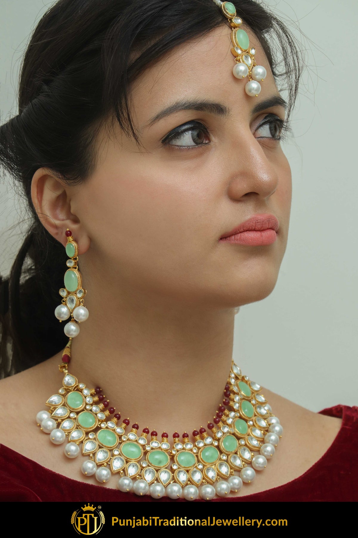 Adeena New Jade Rubby Pearl Kundan Pearl Necklace Set | Punjabi Traditional Jewellery Exclusive