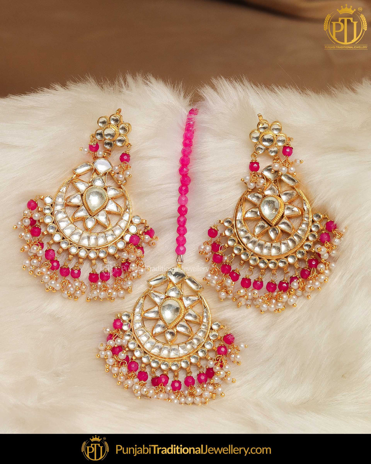 Gold Finished Pink Kundan Earrring Tikka Set | Punjabi Traditional Jewellery Exclusive