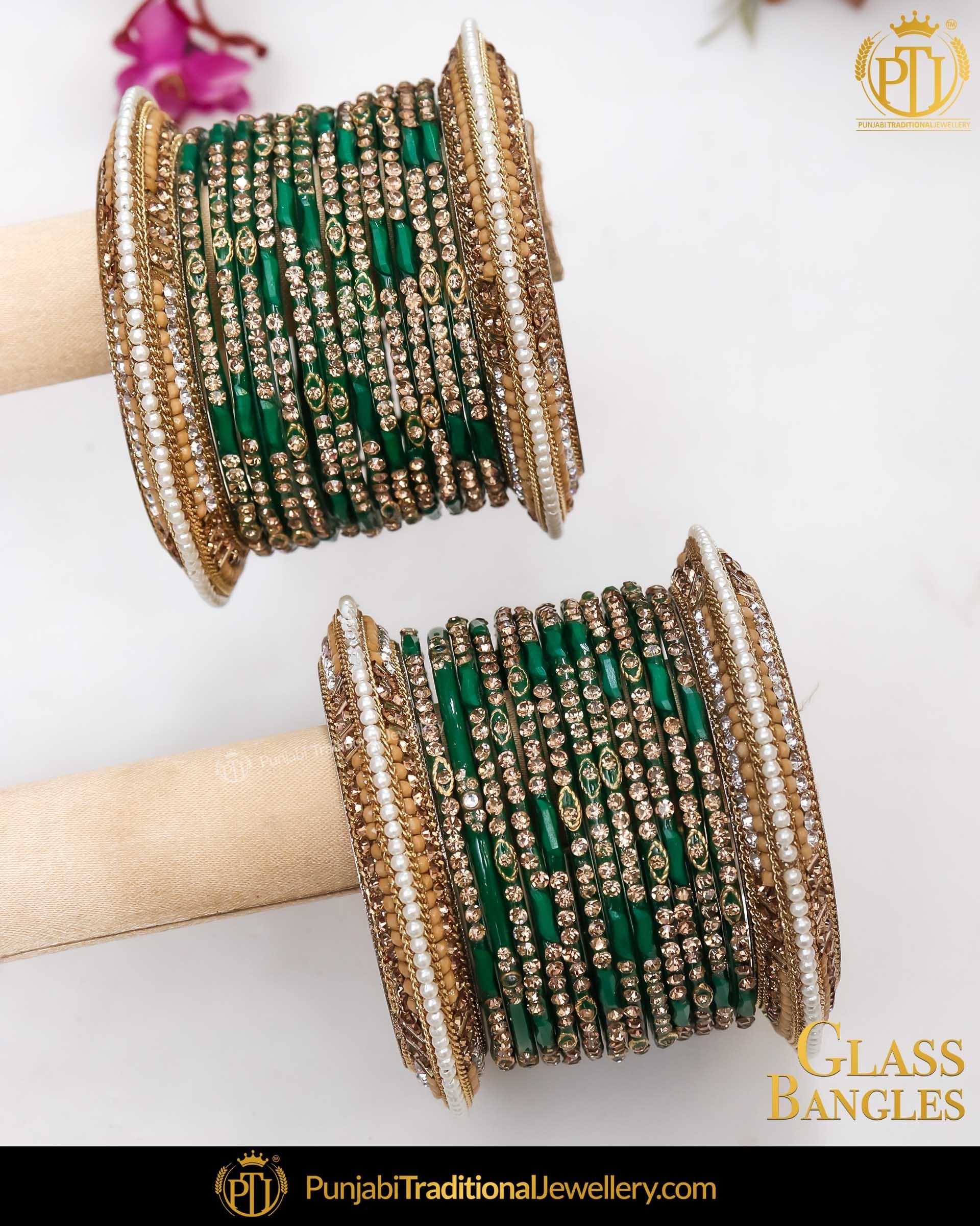 Green & Gold (For Both Hands) Glass Bangles Set | Punjabi Traditional Jewellery Exclusive